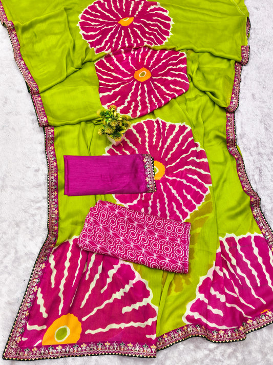 Pure Moss Chiffon Printed Saree with Premium Embroidered Lace Border & Dual Blouse