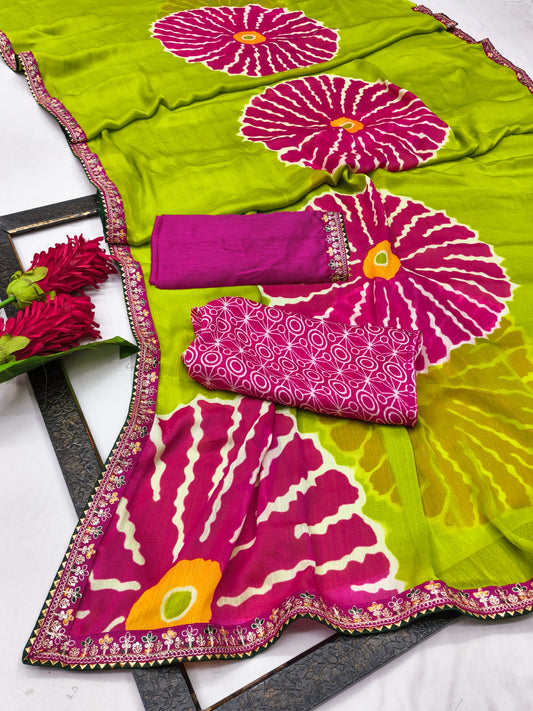 Pure Moss Chiffon Printed Saree with Premium Embroidered Lace Border & Dual Blouse