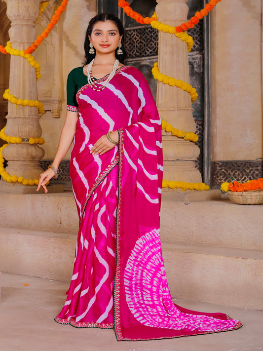 chiffon fabric laheriya print saree with embroidered lace border with heavy banglori silk blouse.