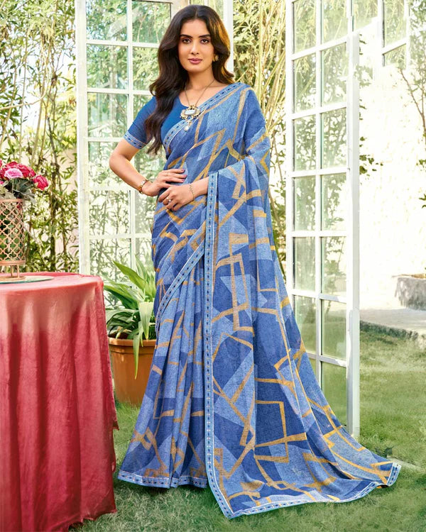 Vishal Prints Denim Blue Printed Saree With Fancy Embroidery Work Border