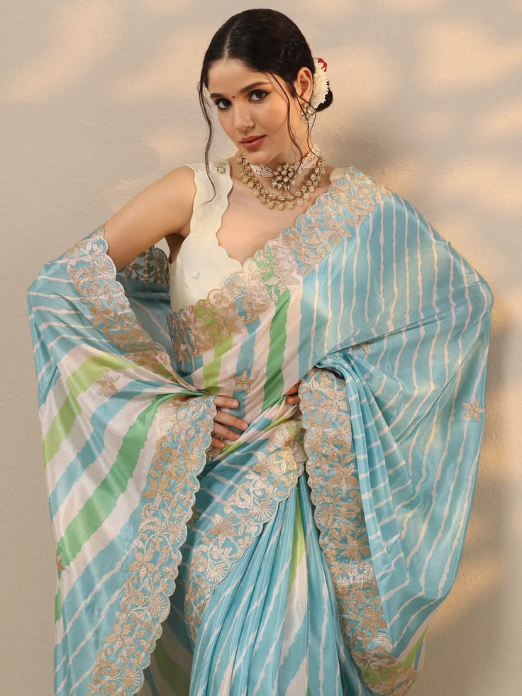 The Sea-Breeze Stripe Pastel Aqua Leheriya Chinon Saree