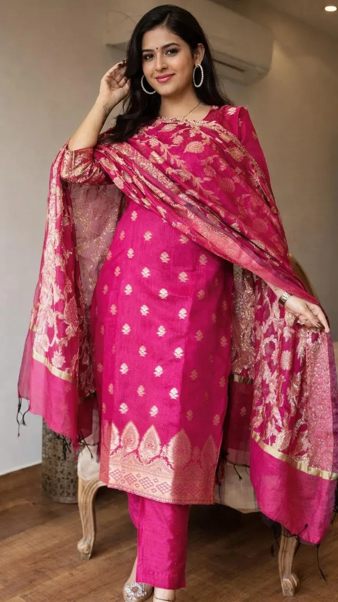Dark  Pink Banarasi Silk Suit Set