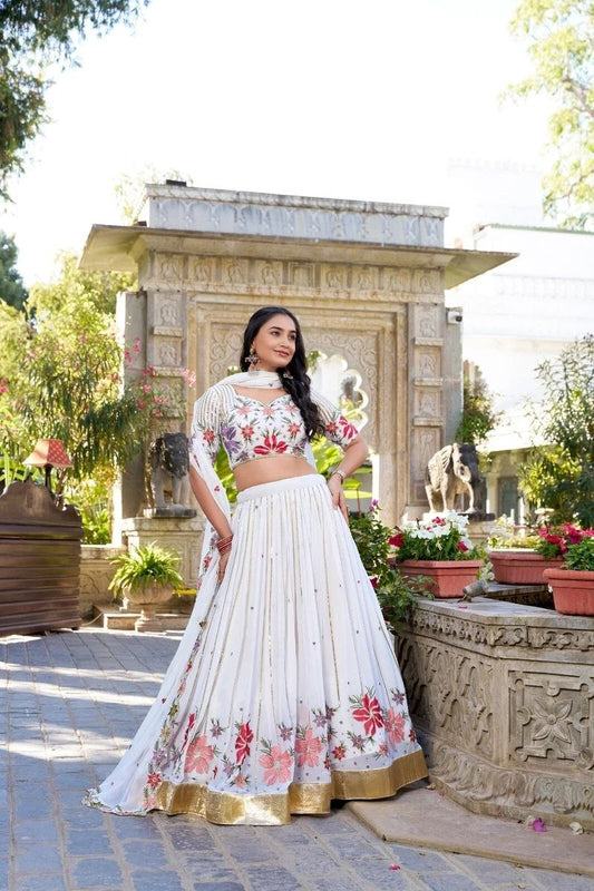 Elegant White Floral Embroidered Lehenga Choli with Dupatta for Women