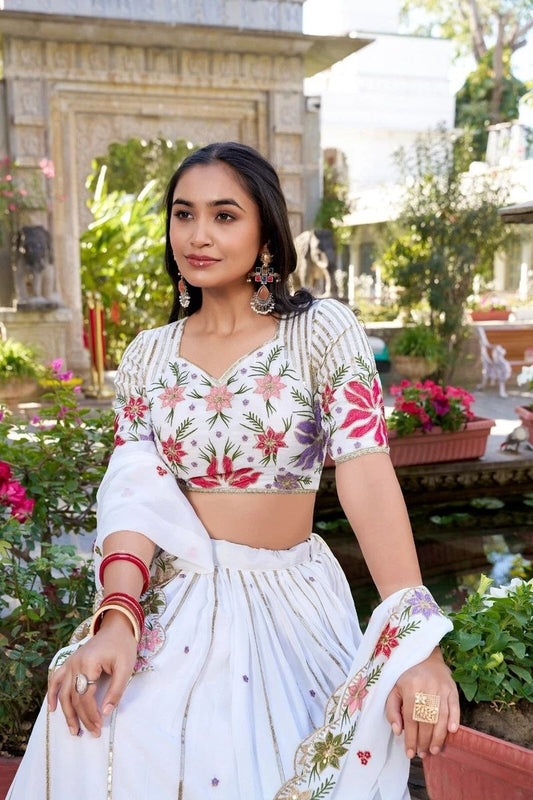 Elegant White Floral Embroidered Lehenga Choli with Dupatta for Women
