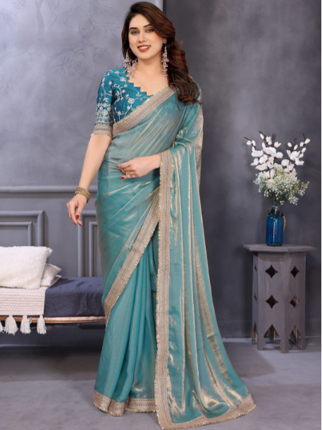 Embroidered Lace Border Saree With Matching Blouse Piece